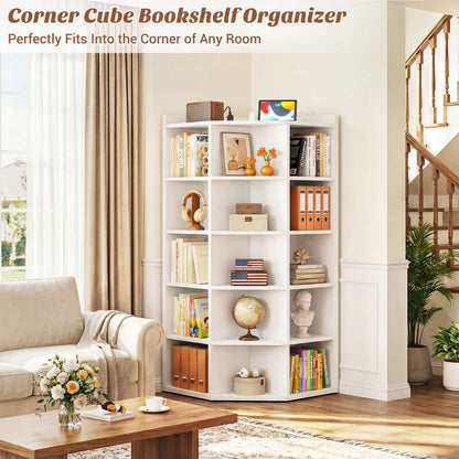 6-Tier Corner Cabinet with Power Outlets & 15 Cubes - Wooden L-Shaped Bookshelf, Toy Storage for Home Office, Bedroom, Living Room