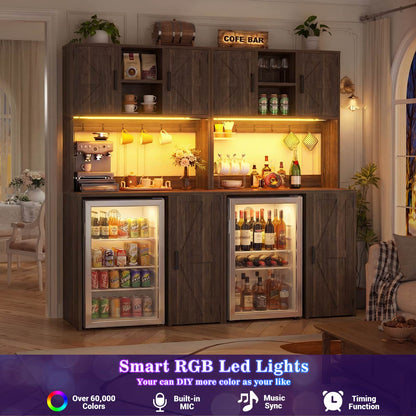 2-Piece Beverage Station Set - Mini Fridge Cabinet & Coffee Bar with Charging Hub, LED Light & Wine Storage