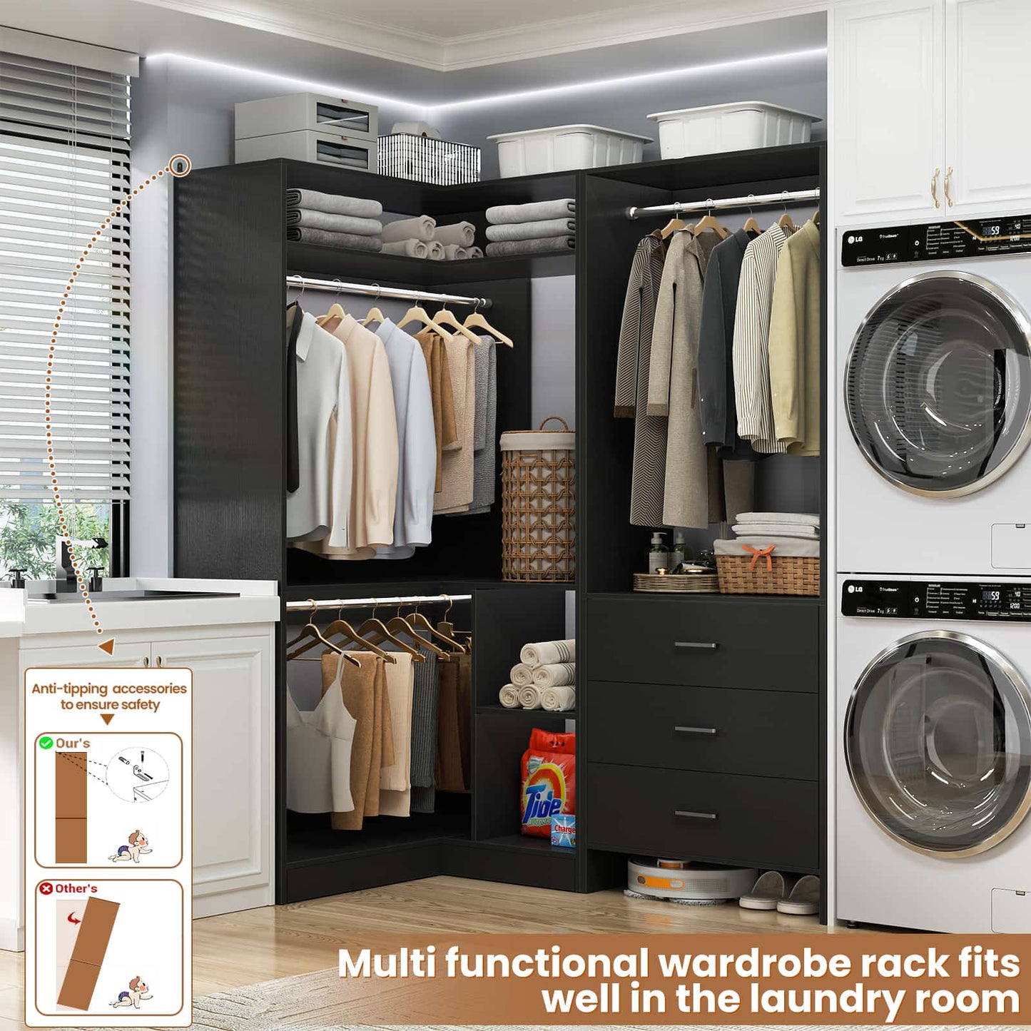 Closet System with 3 Drawers, 2 Hanging Rods & Corner Tower