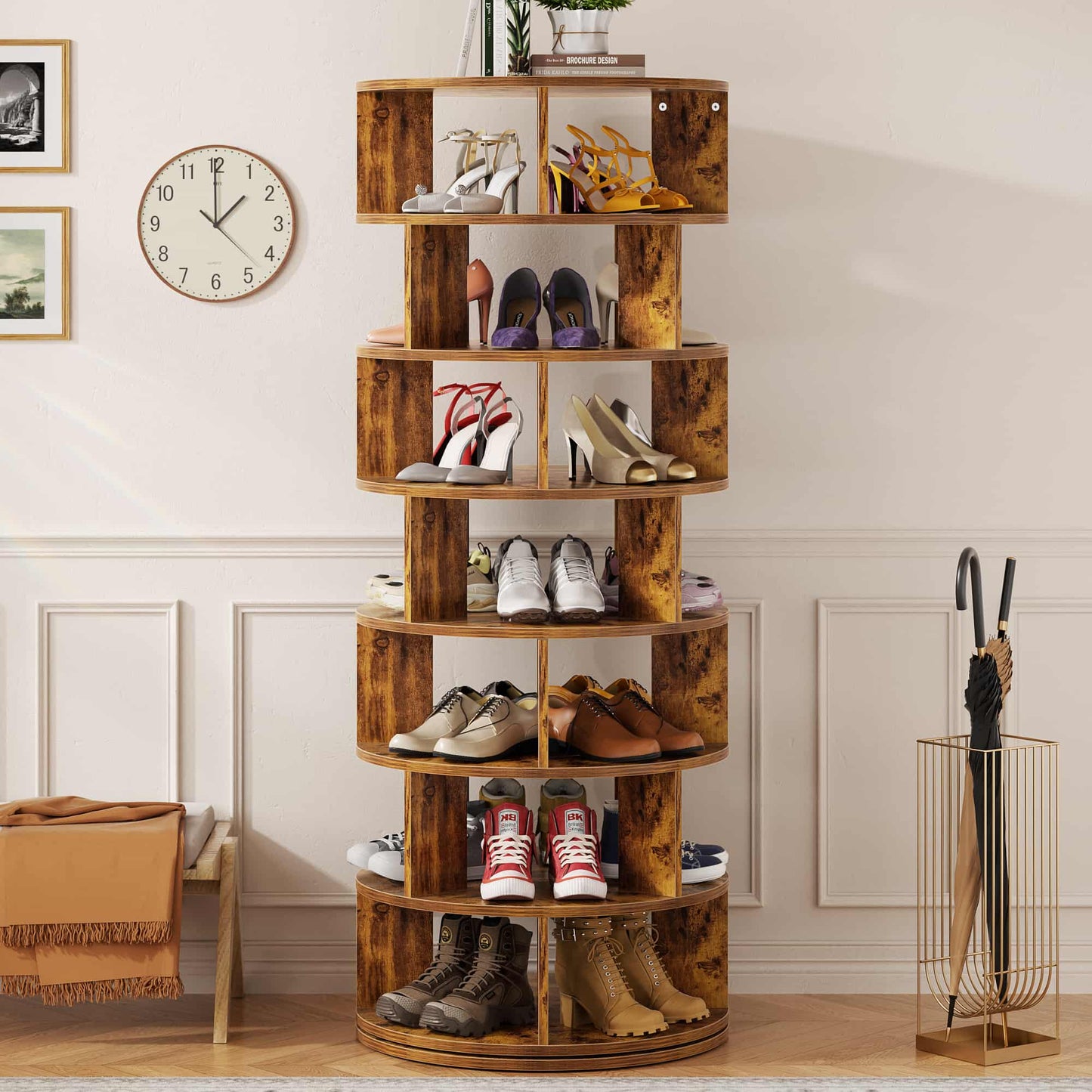 7-Tier Spinning Shoe Rack Tower, 360 Revolving wooden Shoe Rack, 60'' for shoes ,bags, Display Lazy Susan ,Storage Carousel