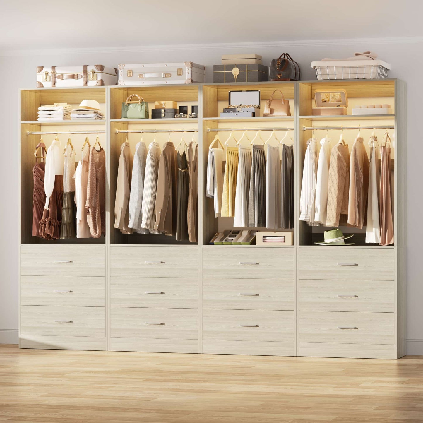 8FT (96 Inch) Closet Organizer System,Set of 4 - 12 Wood Drawers, 4 Hanging Rods & 4 Shelves