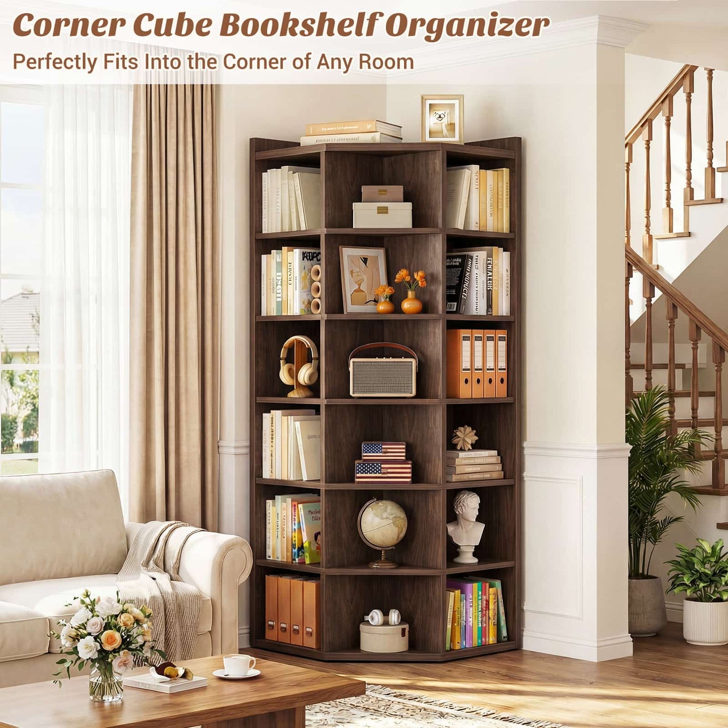 7-Tier Corner Cube Book Shelf - Wooden L-Shaped Storage Cabinet with Top Table for Small Spaces, Home Office, Bedroom, Living Room