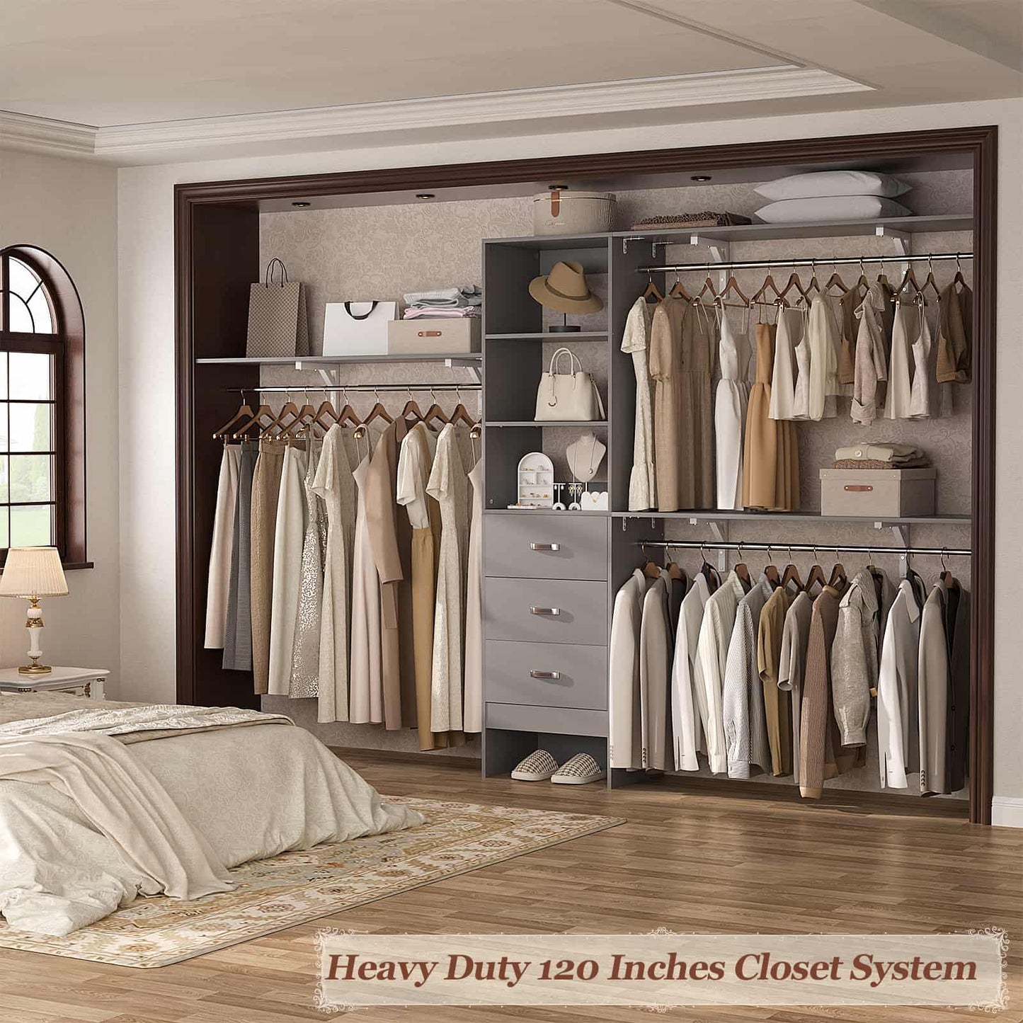 120'' W Closet System with Drawers, Closet Organizer with 3 Shelving Towers