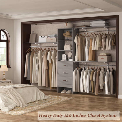 120'' W Closet System with Drawers, Closet Organizer with 3 Shelving Towers