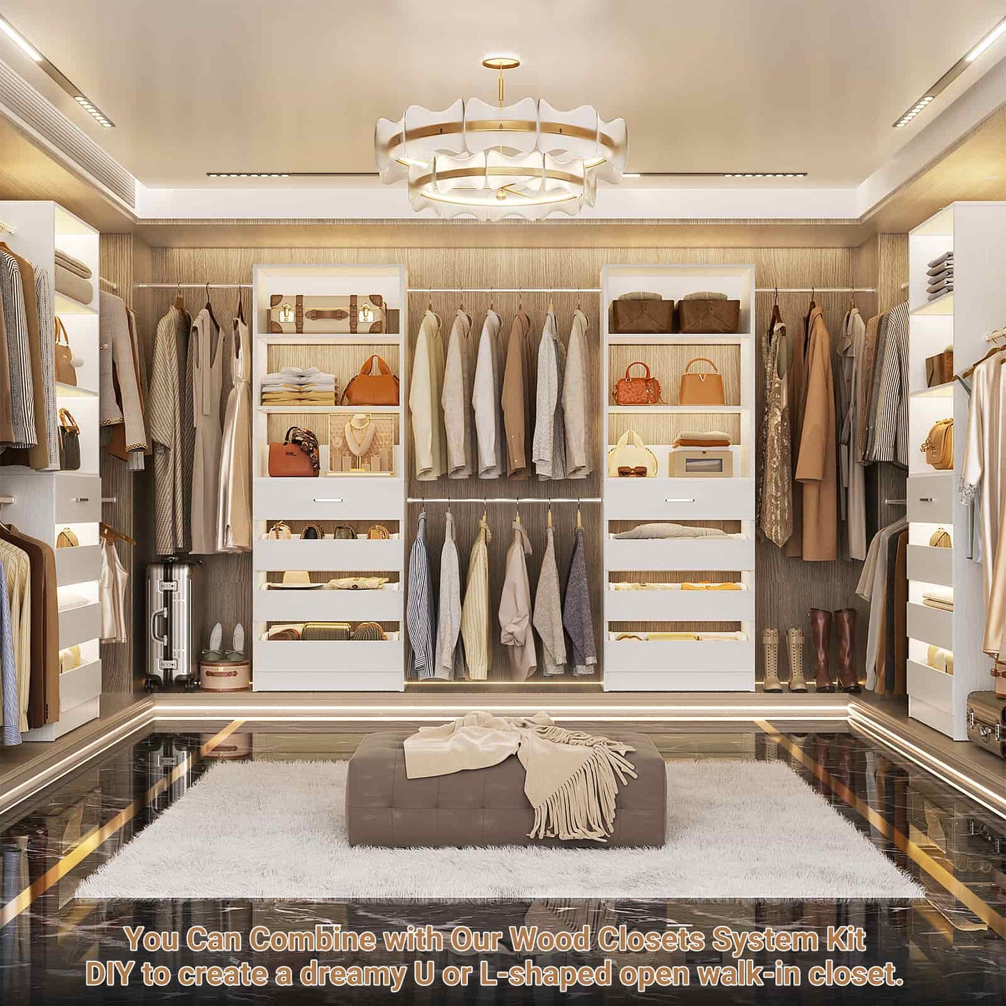 Adjustable Closet Organizer System (6-15Ft) with 8 Wooden Drawers & Modular Tower