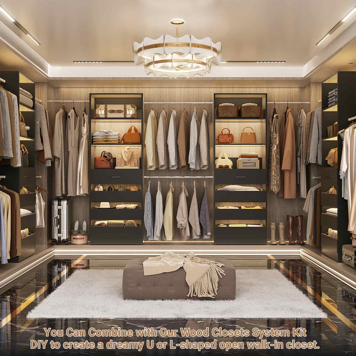Adjustable Closet Organizer System (6-15Ft) with 8 Wooden Drawers & Modular Tower