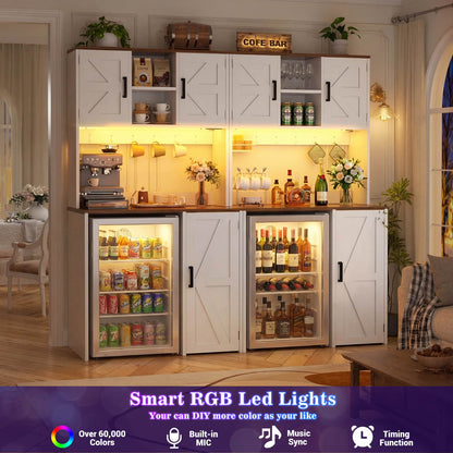 3-in-1 Mini Fridge Cabinet & Coffee Bar Station - with Power Outlet, LED Light, Microwave Shelf & Wine Storage