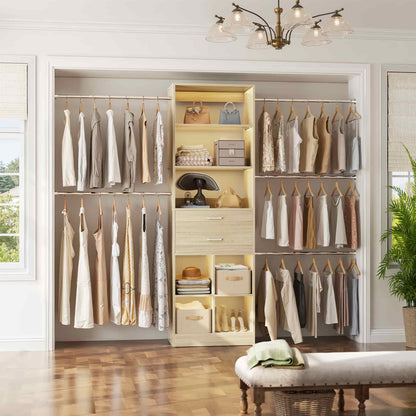 4-8 FT Walk-in Closet Organizer Tower, 2 Wooden Drawers + 5 Hang Rods, Built-in Shelves, Fit 60-96'' Closet Systems