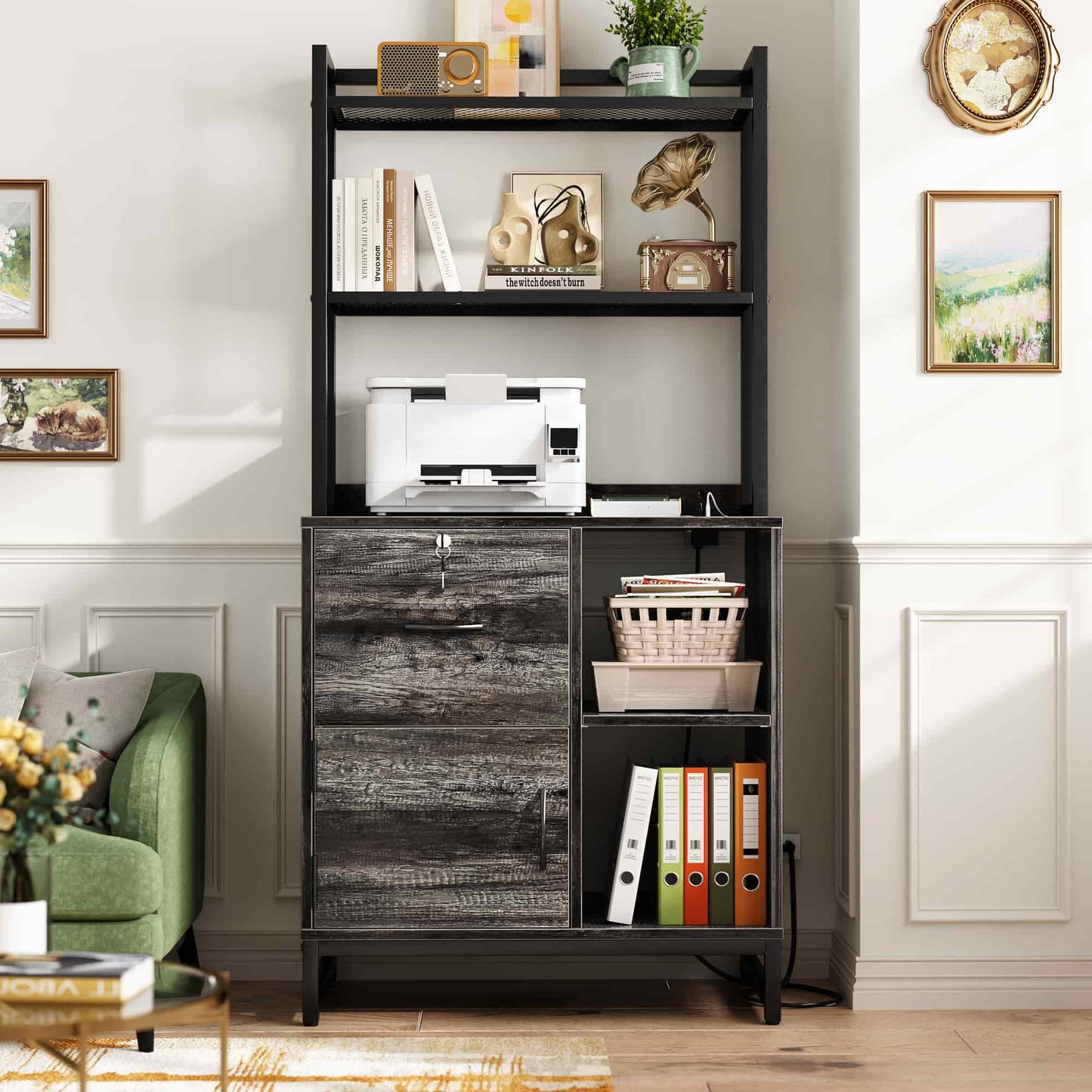 Vertical Filing Cabinet with Lock & Charging Station, Large Drawer Wood File Cabinet with Bookshelf, Printer Stand with Open Storage Shelf