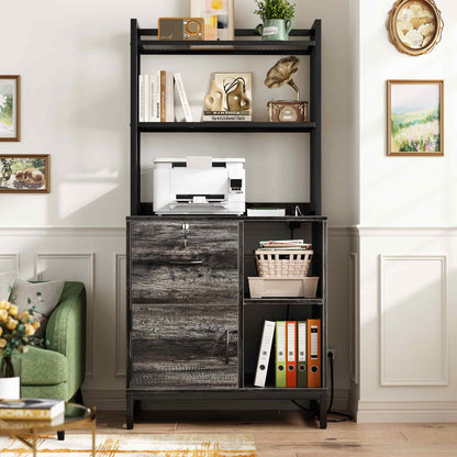 Vertical Filing Cabinet with Lock & Charging Station, Large Drawer Wood File Cabinet with Bookshelf, Printer Stand with Open Storage Shelf
