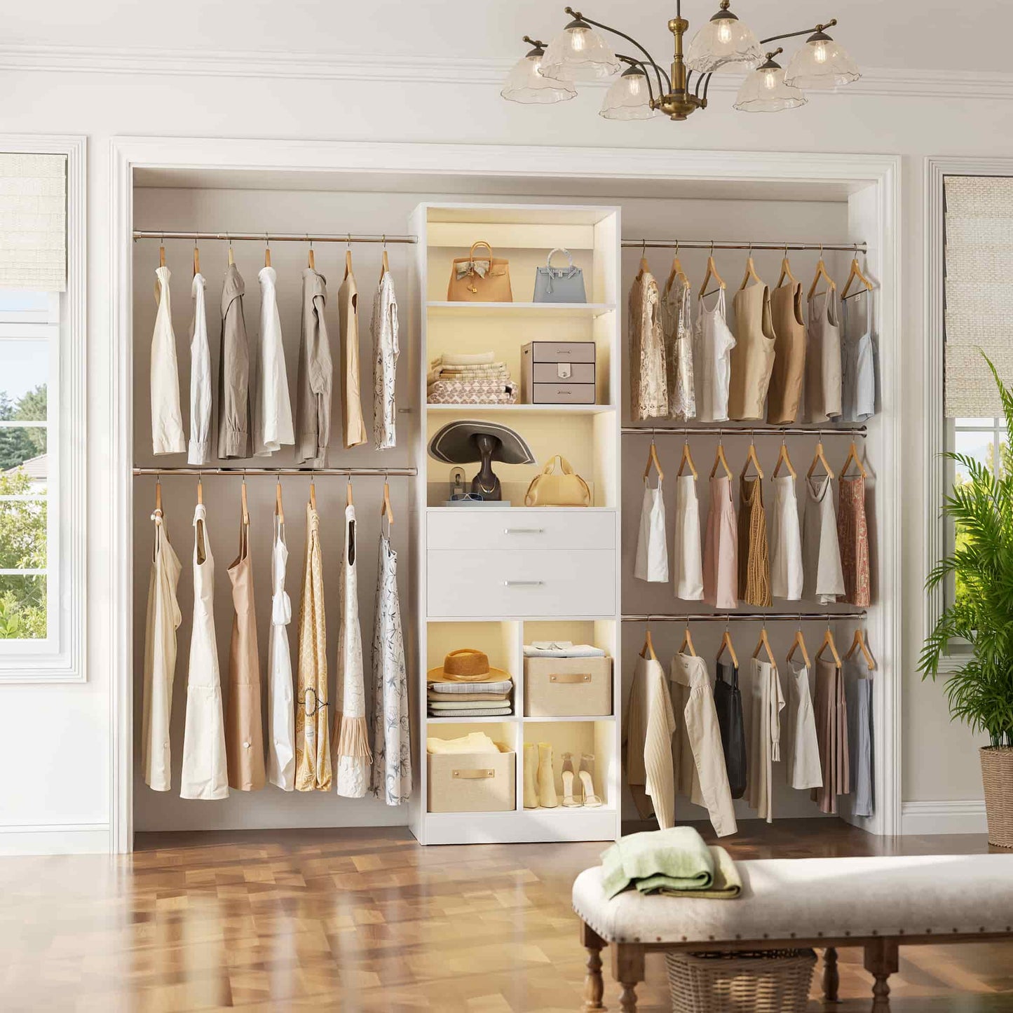 4-8 FT Walk-in Closet Organizer Tower, 2 Wooden Drawers + 5 Hang Rods, Built-in Shelves, Fit 60-96'' Closet Systems