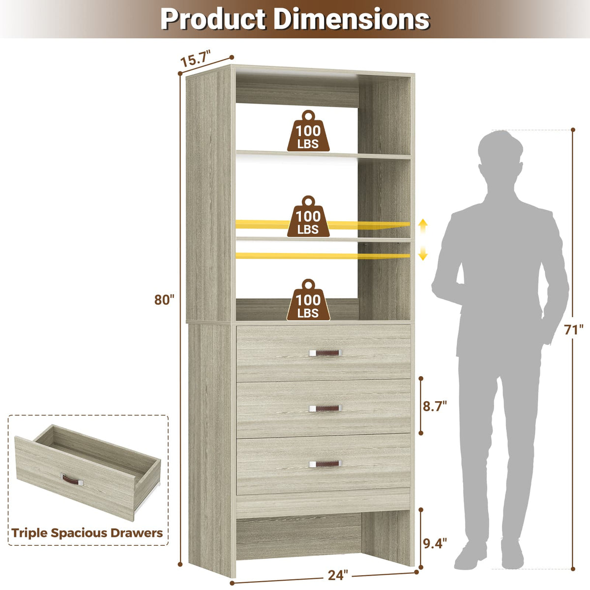 1.8FT Closet System with Leather Handles for Small Space