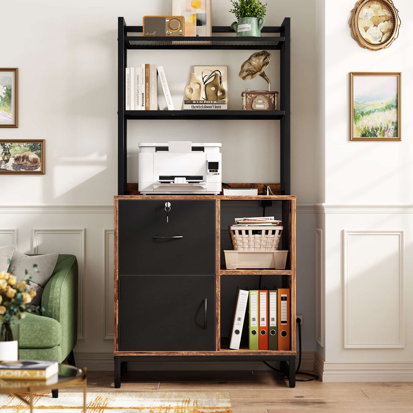 Vertical Filing Cabinet with Lock & Charging Station, Large Drawer Wood File Cabinet with Bookshelf, Printer Stand with Open Storage Shelf