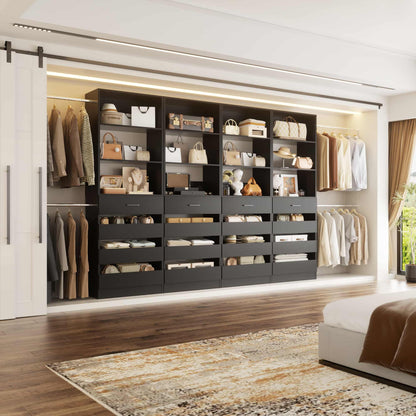 Modular Closet System 4-Pack, 12-24ft Expandable Walk-in Wardrobe Organizer with 16 Wooden Drawers & 16 Hanging Rods