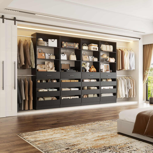 Modular Closet System 4-Pack, 12-24ft Expandable Walk-in Wardrobe Organizer with 16 Wooden Drawers & 16 Hanging Rods