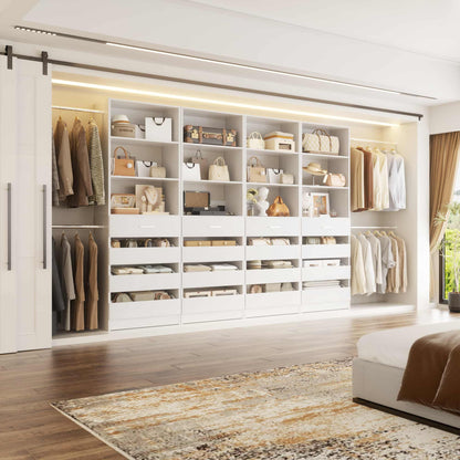 Modular Closet System 4-Pack, 12-24ft Expandable Walk-in Wardrobe Organizer with 16 Wooden Drawers & 16 Hanging Rods
