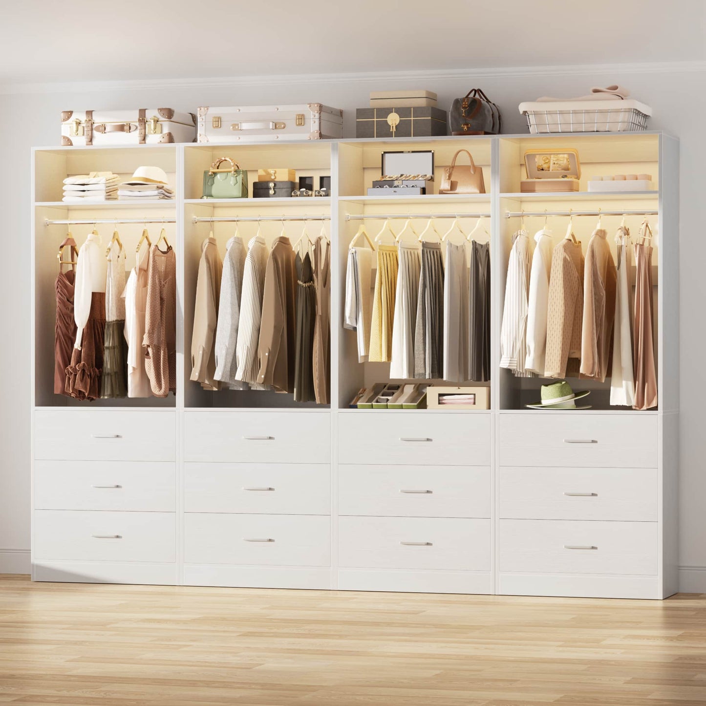 8FT (96 Inch) Closet Organizer System,Set of 4 - 12 Wood Drawers, 4 Hanging Rods & 4 Shelves