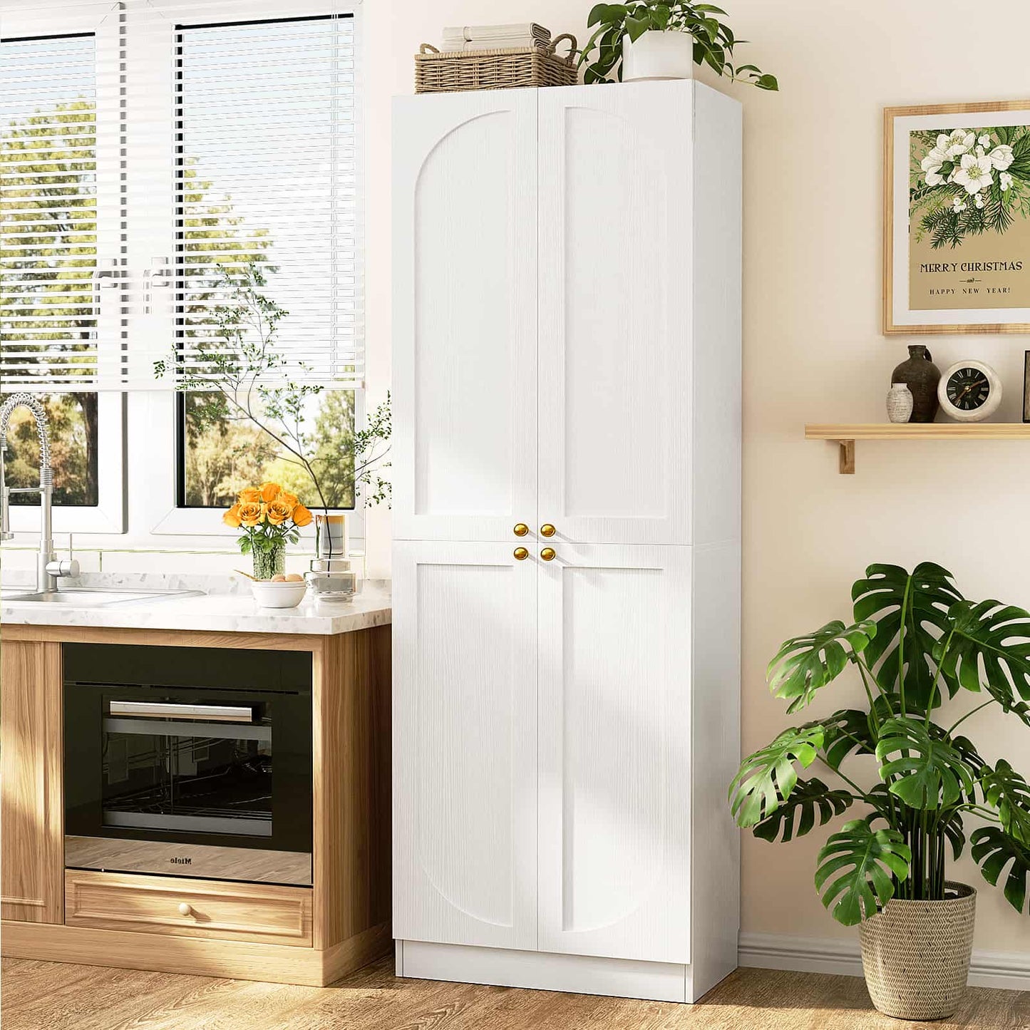 80" Kitchen Pantry, Extra Tall Arch Storage Cabinet with 4 Doors and Adjustable Shelves