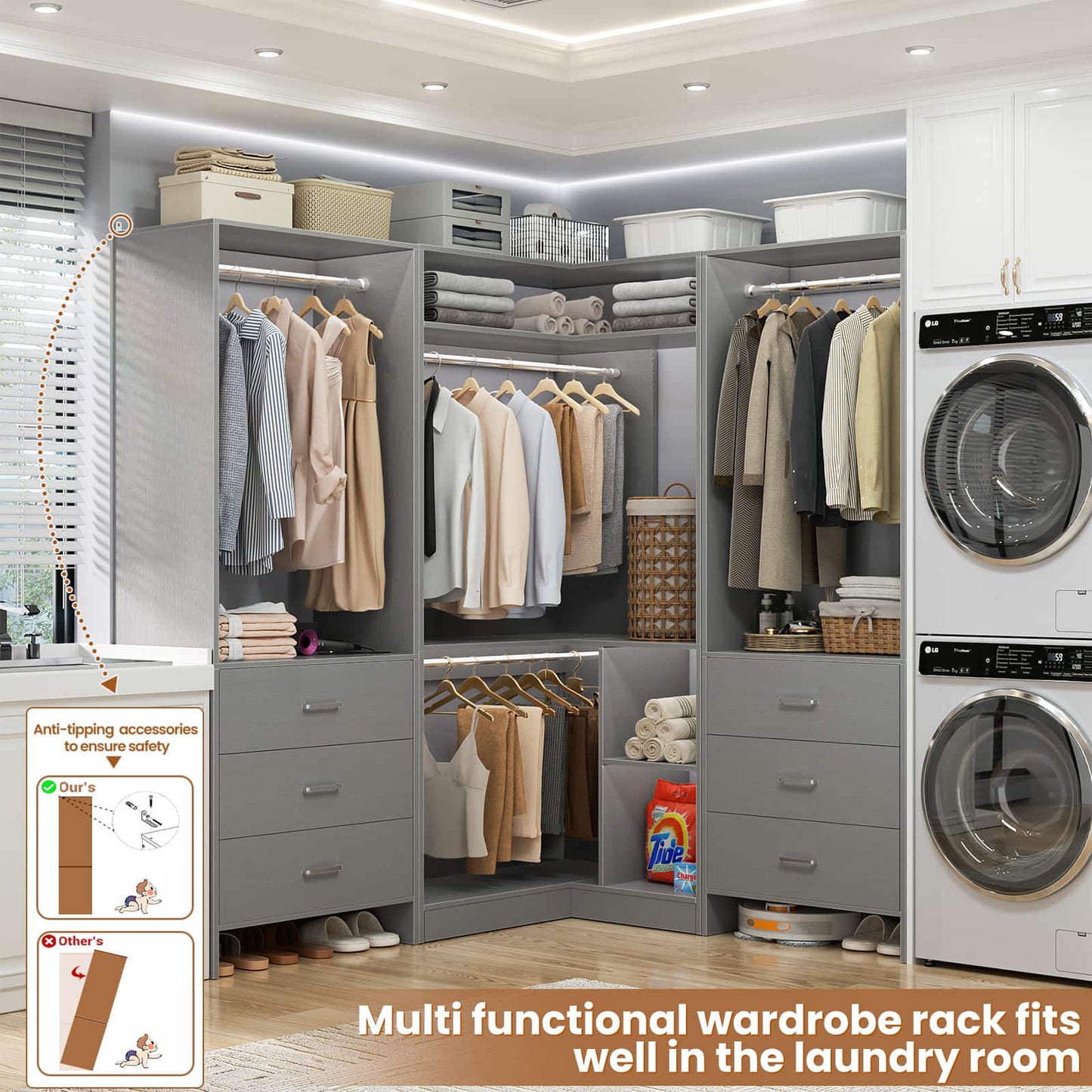 81'' Closet System with 6 Drawers, 4 Hanging Rods & Corner Tower