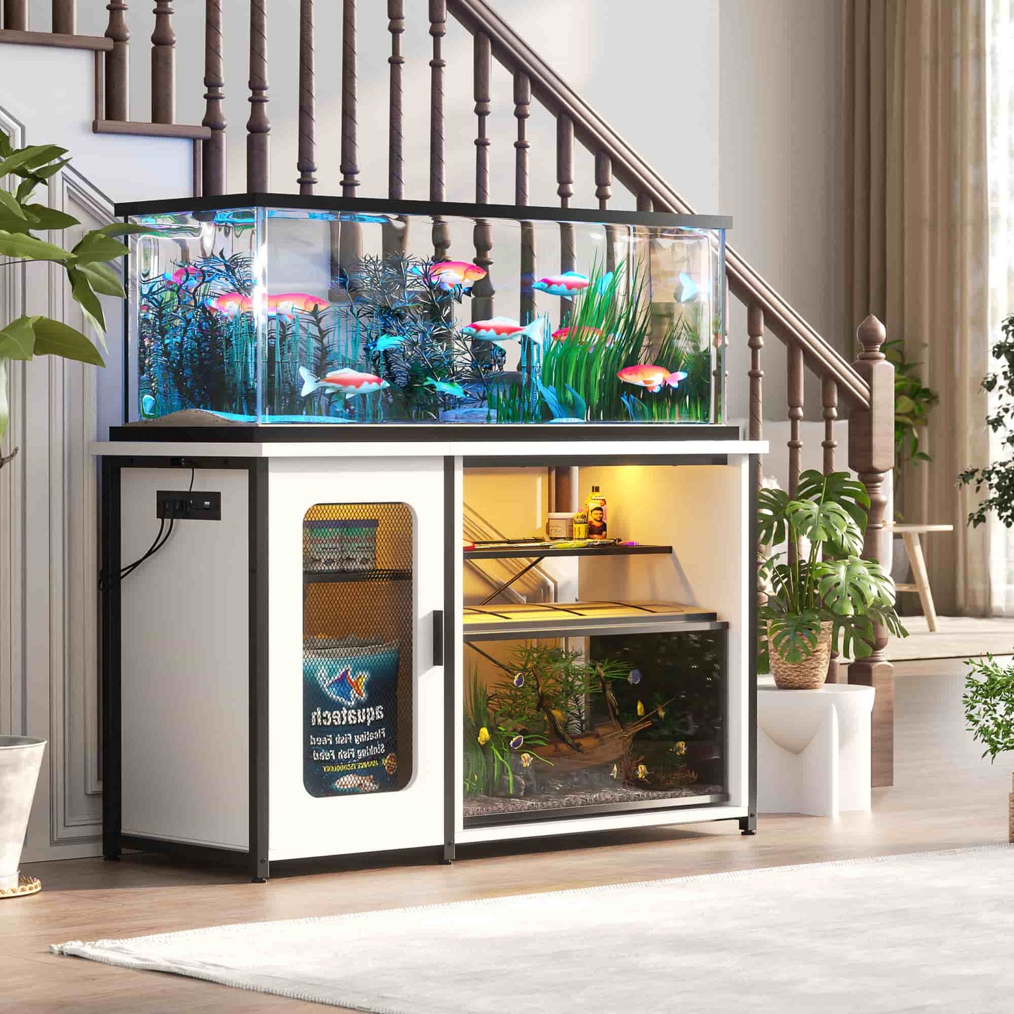 Heavy Duty 55-75 Gallon Aquarium Stand with Power Outlets, LED Light & Storage Cabinet - Reversible Metal Fish Tank Stand, 880LBS Capacity