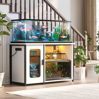 Heavy Duty 55-75 Gallon Aquarium Stand with Power Outlets, LED Light & Storage Cabinet - Reversible Metal Fish Tank Stand, 880LBS Capacity