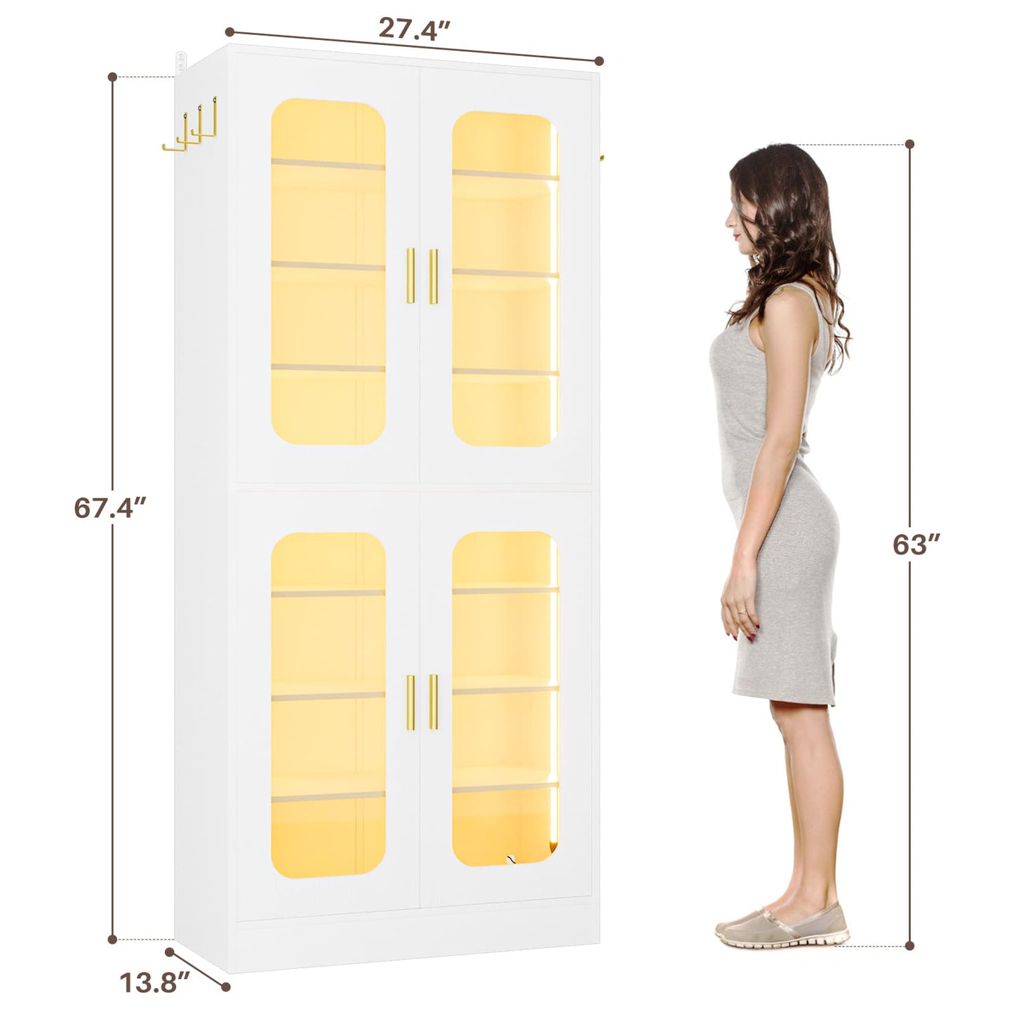 2-Pack 8-Tier LED Shoe Cabinets with Adjustable Shelves, Freestanding Shoe Racks with Hanging Hooks