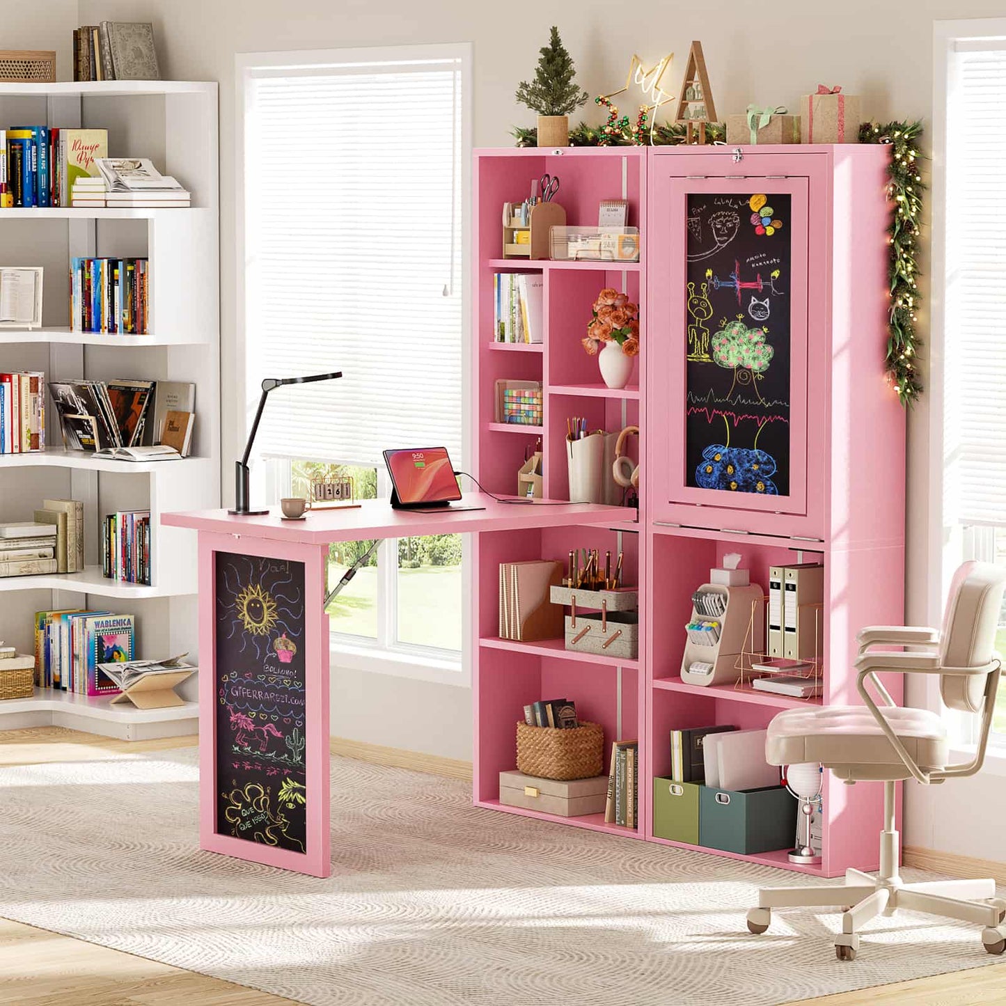 Small Folding Desk with Outlets, Convertible Writing Desk for Small Spaces