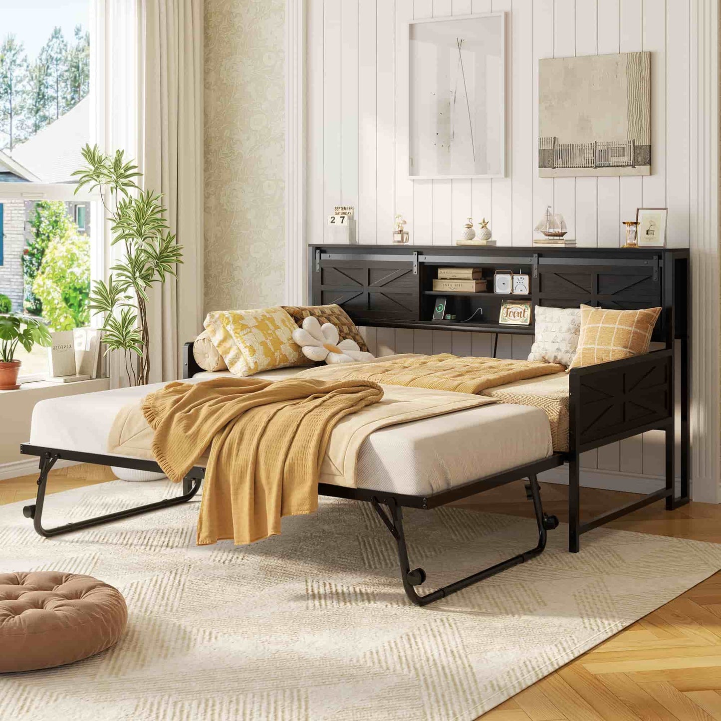 Twin Size Daybed with Trundle, Daybed with Charging Station & Storage Headboard, Heavy Duty Metal Sofa Bed Frame with Pop-up Trundle