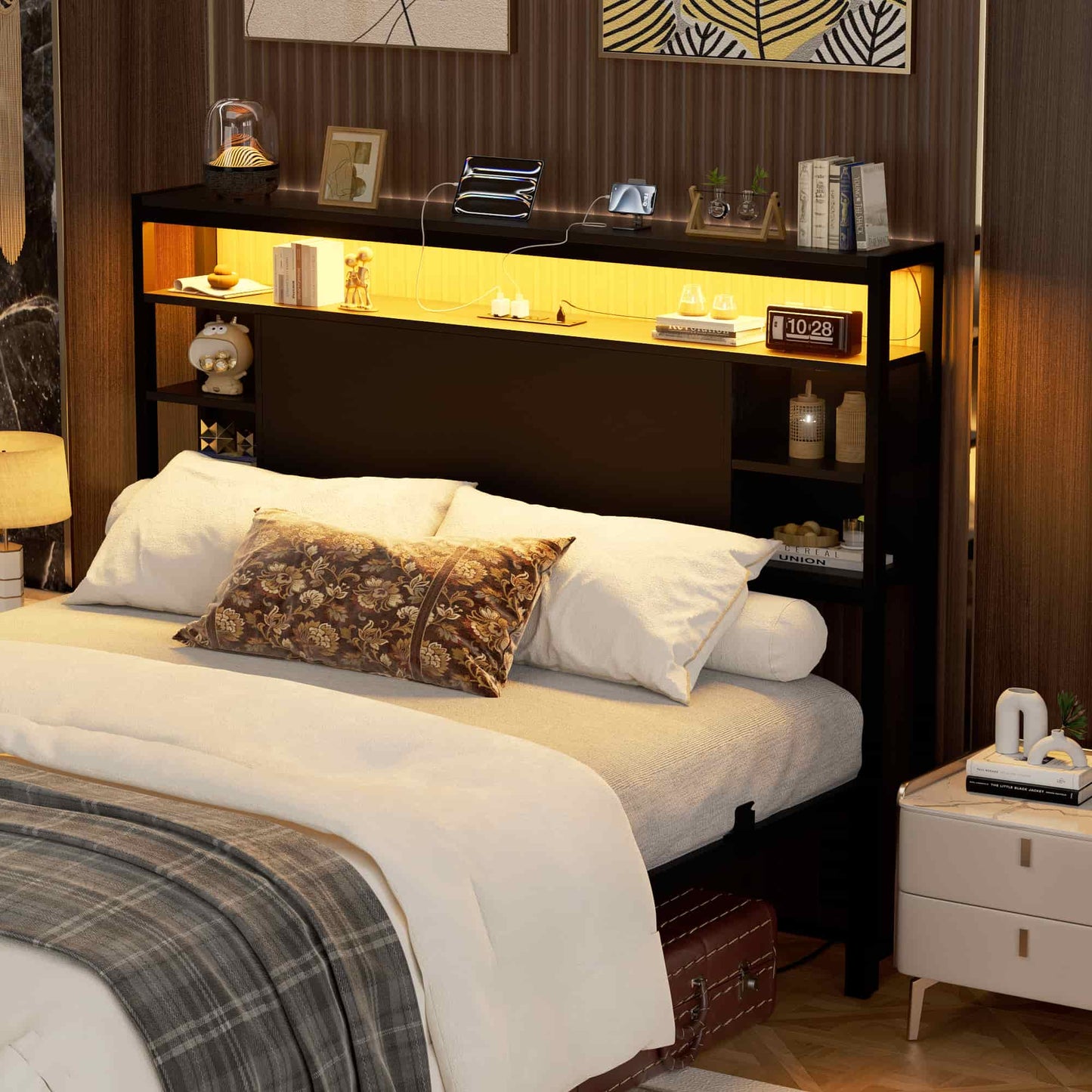 Full Headboard with Storage, Headboards with Power Outlets and Smart LED Light, Sturdy Head Board for Full Size Bed