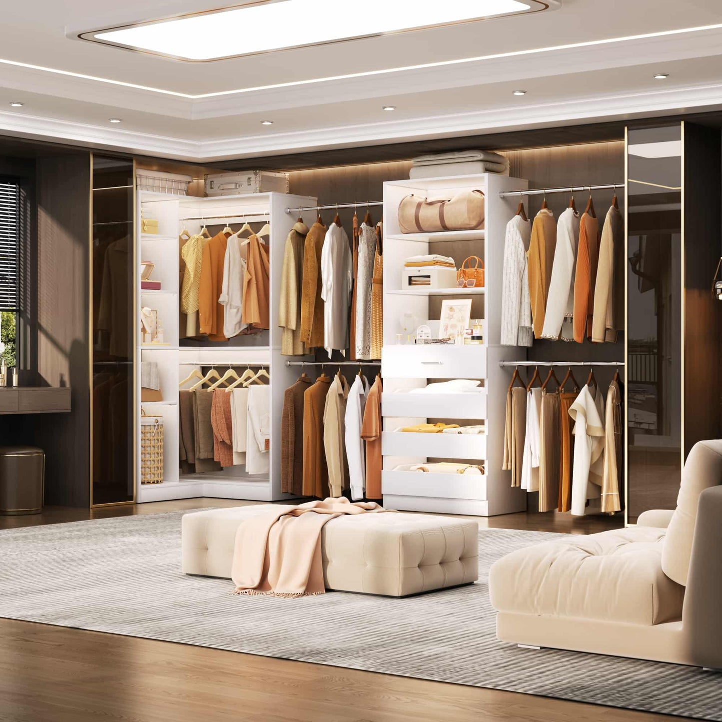 58"-152" Freestanding Closet System, Wardrobe Organizer with Drawers & Shelves, Corner Storage Unit for Bedroom/Living Room
