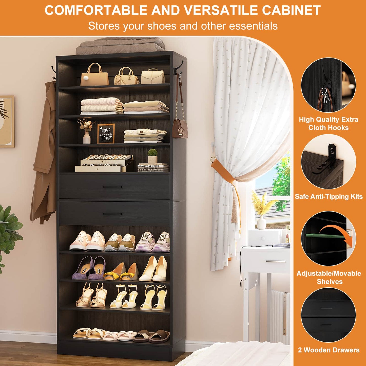 10-Tier Shoe Cabinet with 2 Drawers, 65cm Width Freestanding Closet Organizer
