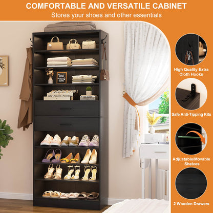 10-Tier Shoe Cabinet with 2 Drawers, 65cm Width Freestanding Closet Organizer