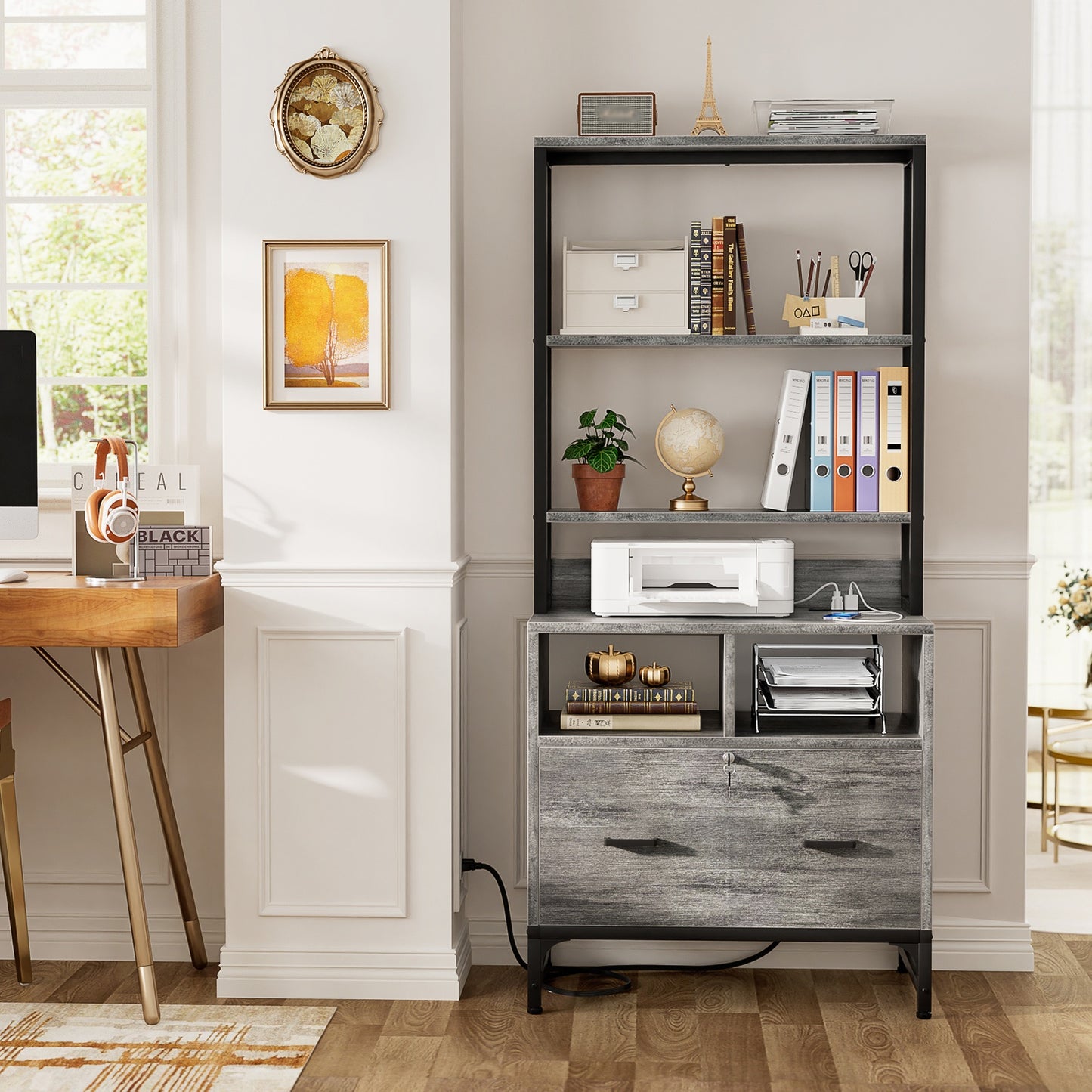 File Cabinet with Charging Station, Vertical Filing Cabinet with Lock & Large Drawer