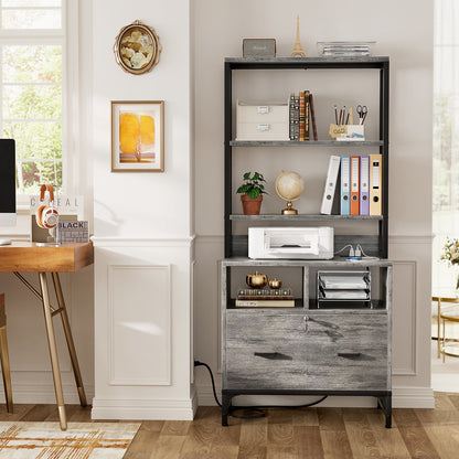 File Cabinet with Charging Station, Vertical Filing Cabinet with Lock & Large Drawer