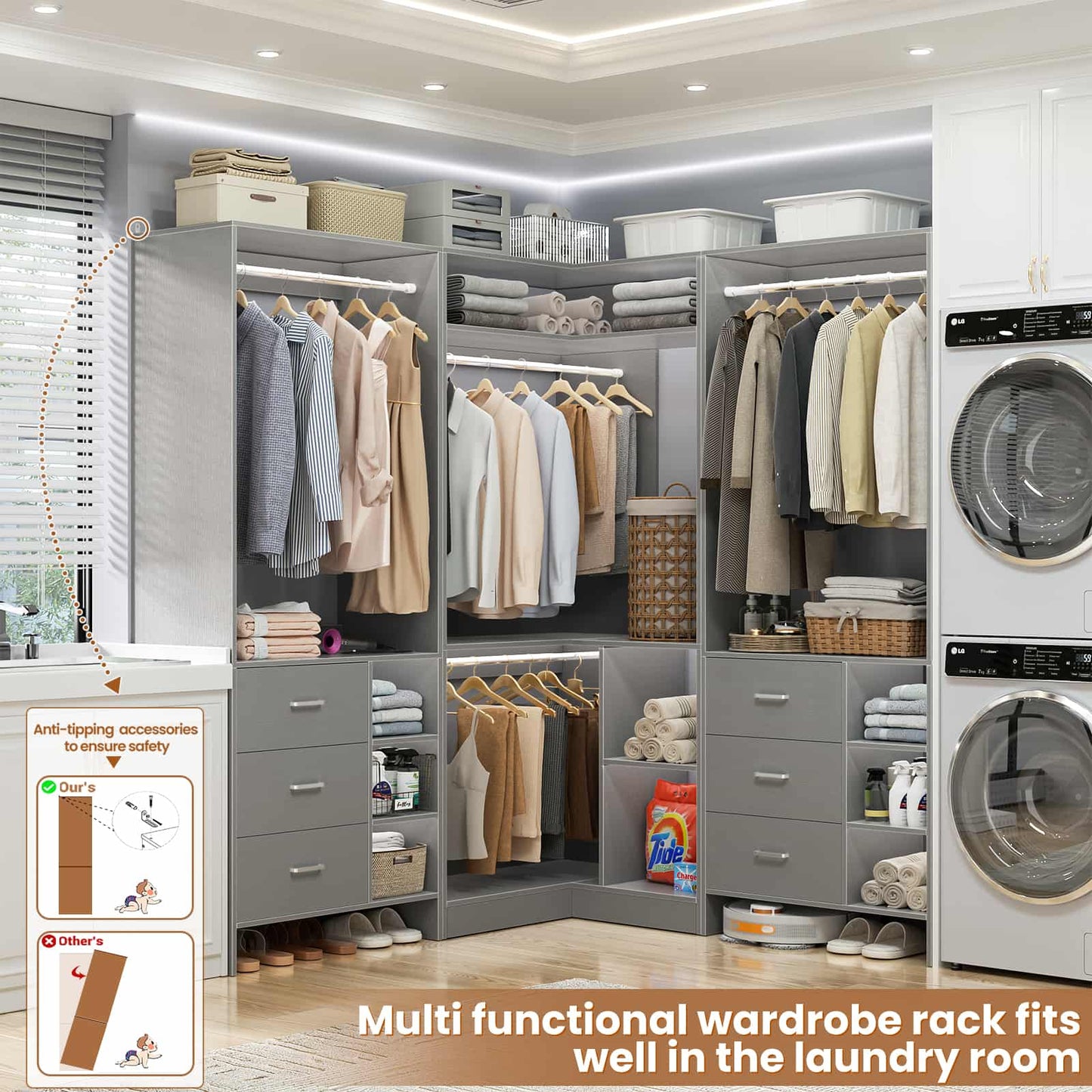Closet System with 6 Drawers, 4 Hanging Rods & Corner Tower
