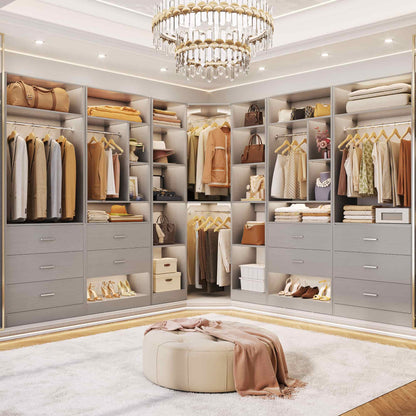Complete Corner & Straight Closet Organizer Suite:1 Corner Shelf Unit + 4 Tower Systems ( 4-Drawer+ 6-Drawer Options)
