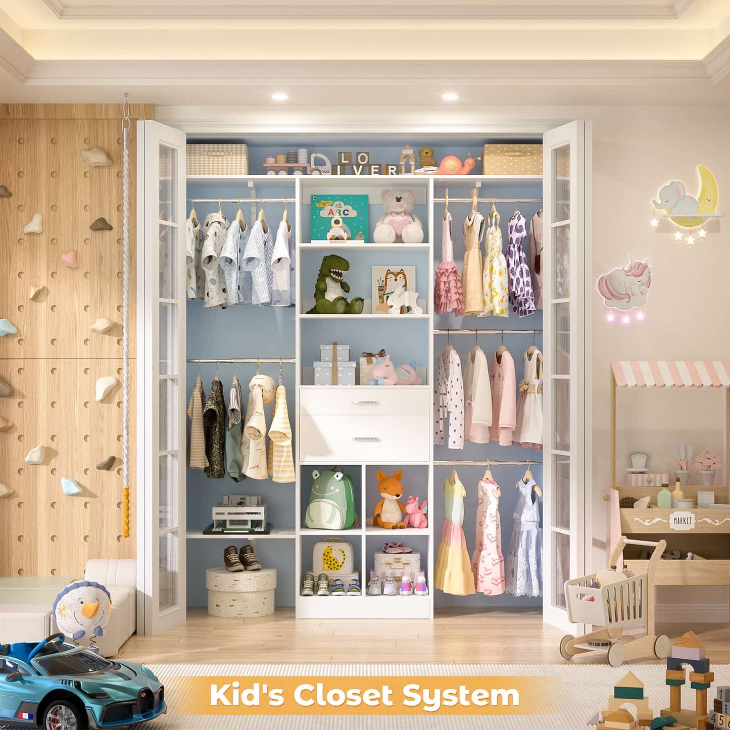 5FT Small Closet System, Baby Closet Organizer System with Wooden Drawers