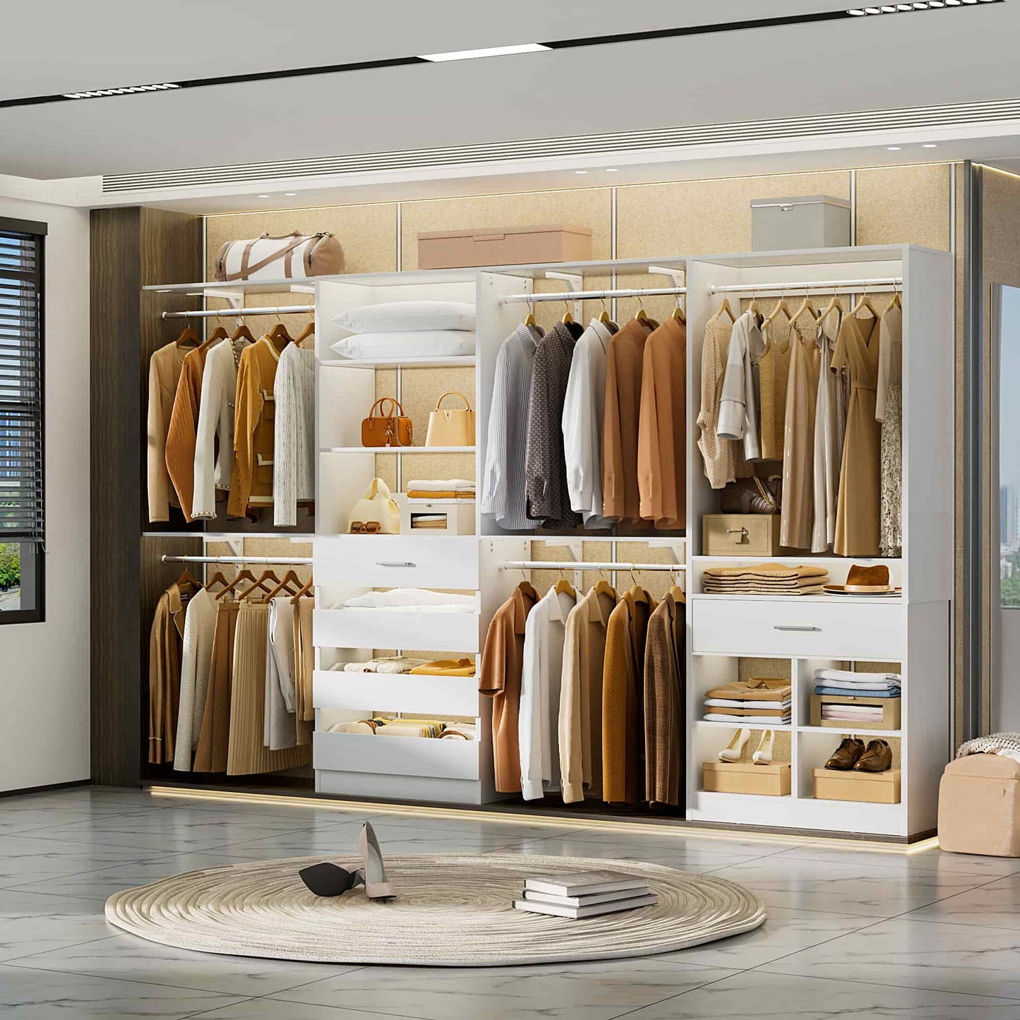Walk-in Closet Organizer System set with 5 Wooden Drawers and 4 Hanging Rods, 4 Cubby Storage & Shelves, Space-Saving Tower Wardrobe