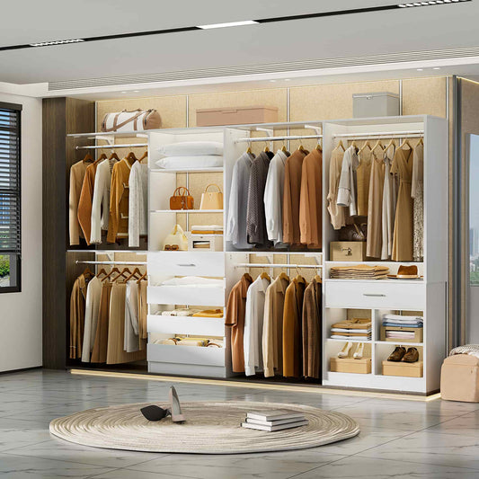 Walk-in Closet Organizer System set with 5 Wooden Drawers and 4 Hanging Rods, 4 Cubby Storage & Shelves, Space-Saving Tower Wardrobe