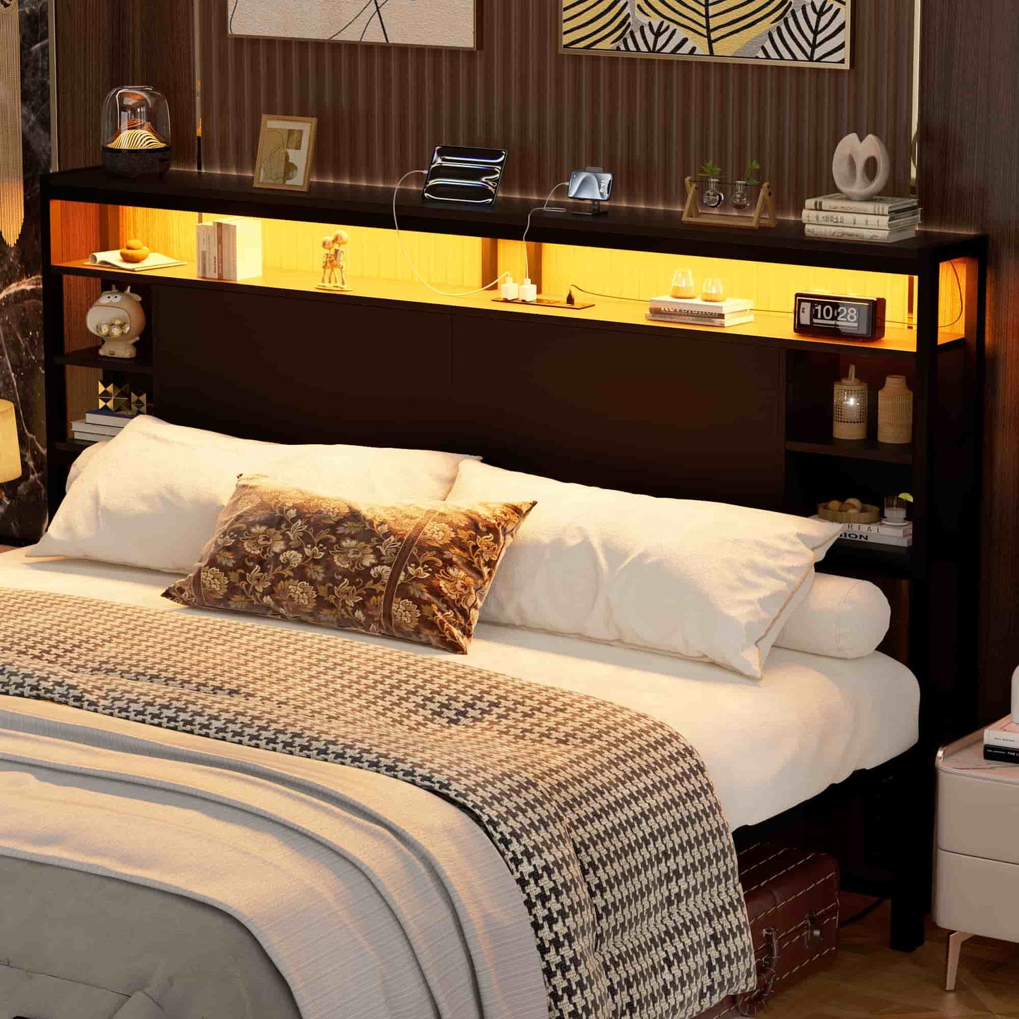 King Headboard with Storage, Headboards with Power Outlets and Smart LED Light, Sturdy Head Board for King Size Bed