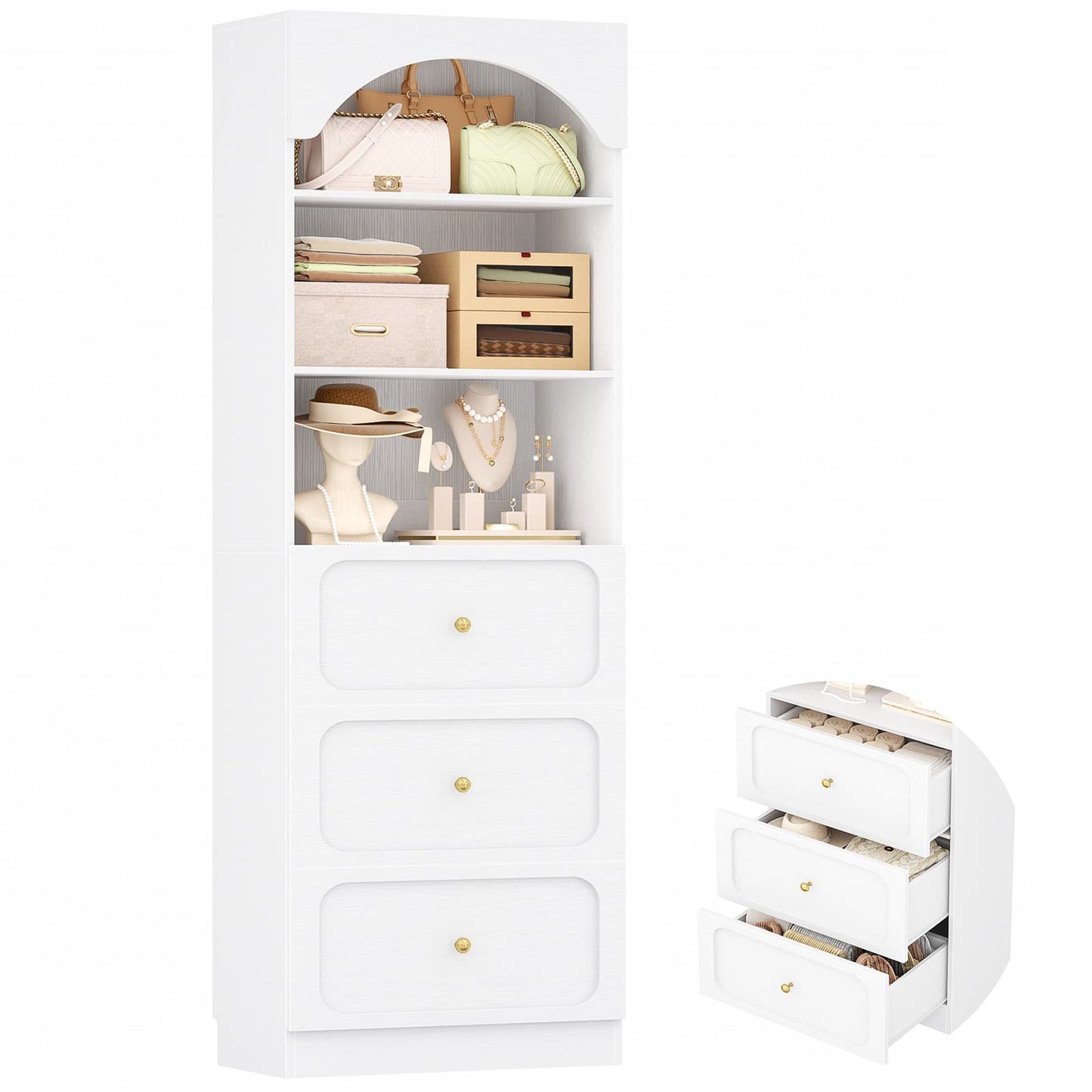 80" Tall Arched Bookcase with 3 Drawers & 3 Open Shelves - Wooden Storage Cabinet for Living Room, Kitchen