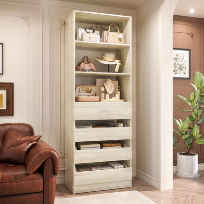 Space-Saving Modular Closet Organizer System with 4 Drawers & Adjustable Shelves - Wood Storage Cabinet