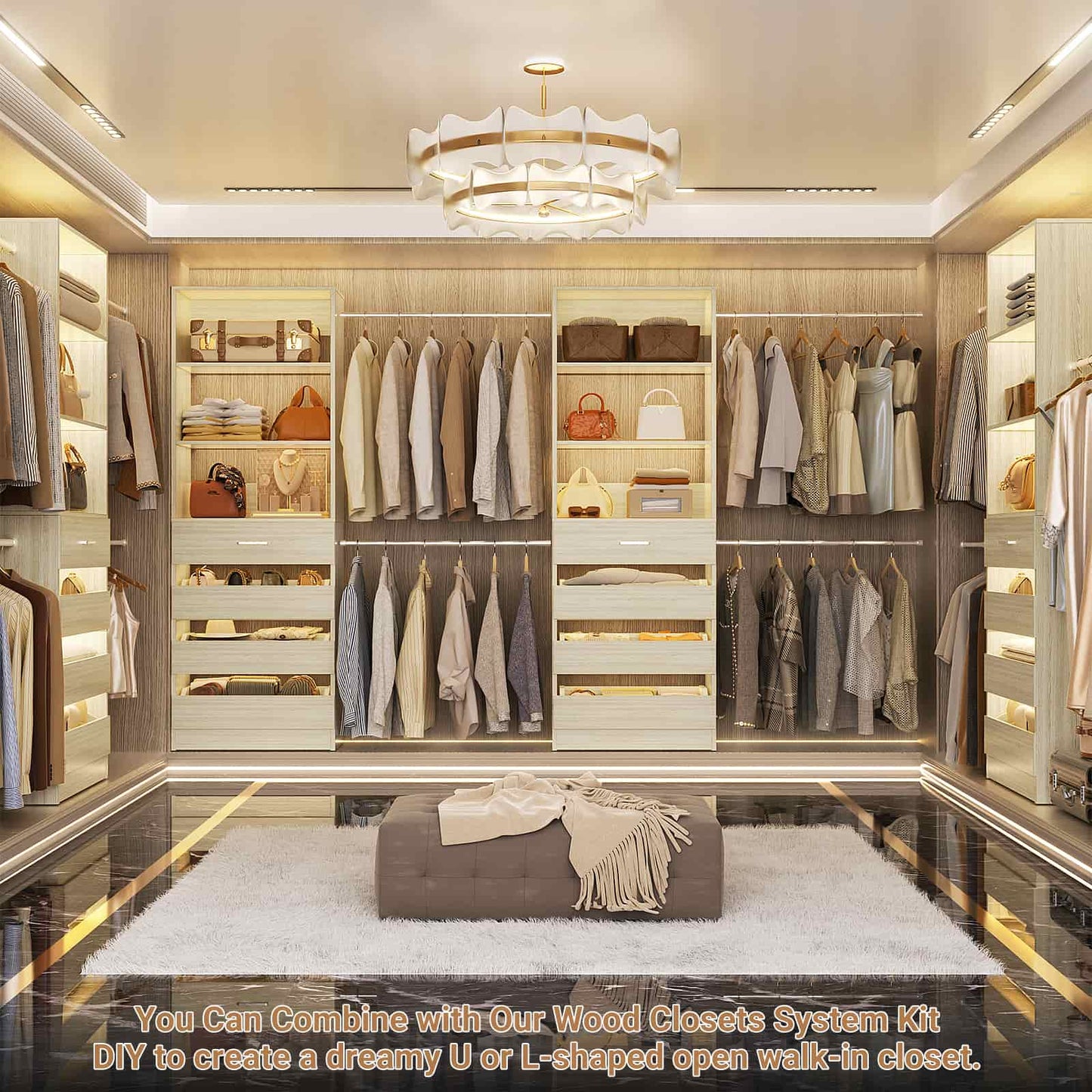 Adjustable Closet Organizer System (6-15Ft) with 8 Wooden Drawers & Modular Tower