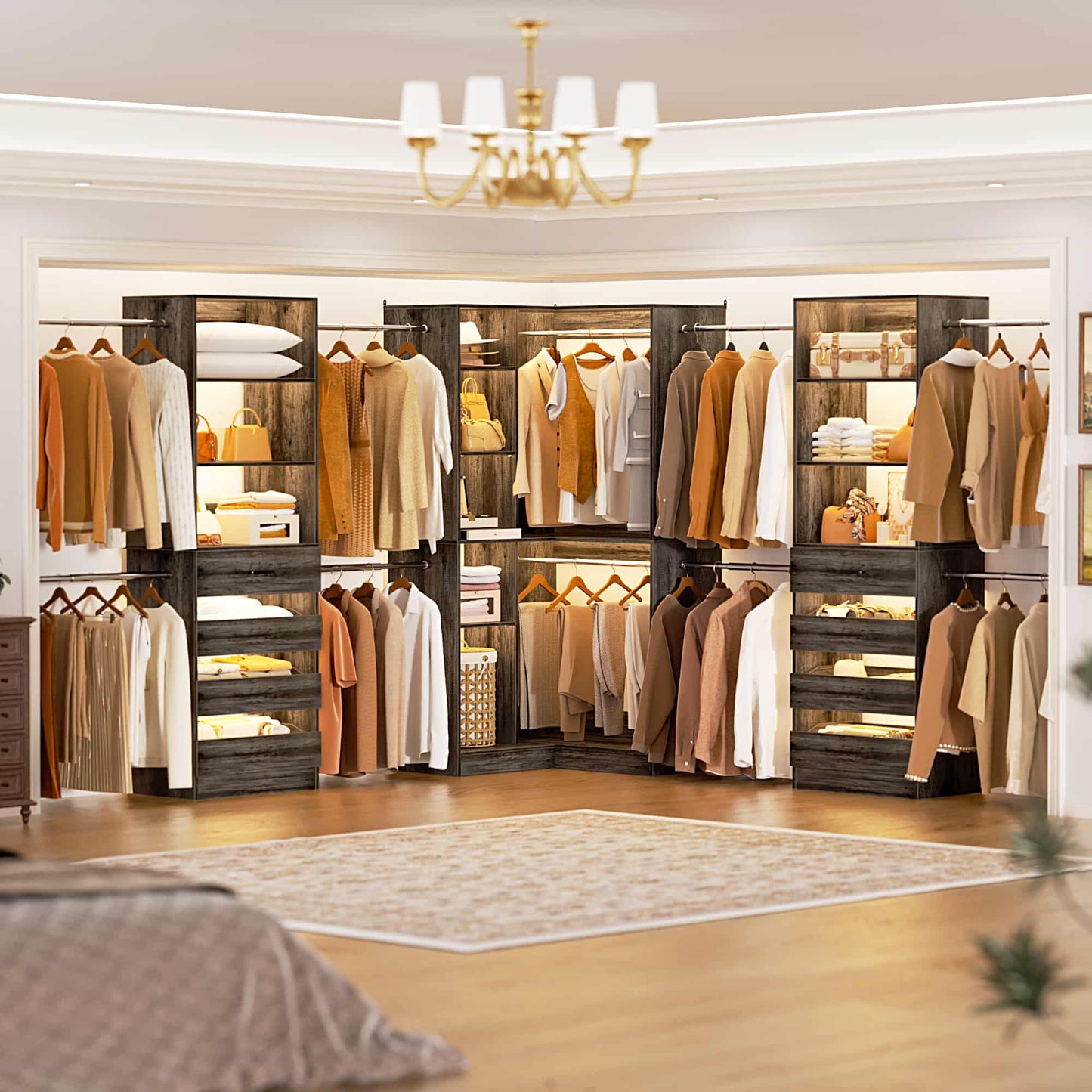 3-Piece Freestanding Wardrobe,79"-267" Adjustable Closet System with Drawers & Shelves for Bedroom/Closet Storage