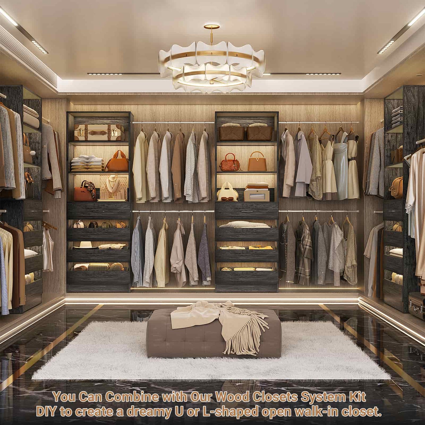 Adjustable Closet Organizer System (6-15Ft) with 8 Wooden Drawers & Modular Tower