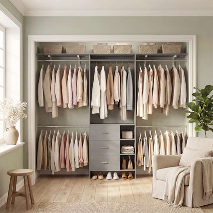 8FT Walk-in Armoire Closet Organizer with 3 Wooden Drawers & Hanging Rods, Adjustable Garment Rack for 5.3-9 ft Spaces,Wardrobe Storage Shelf