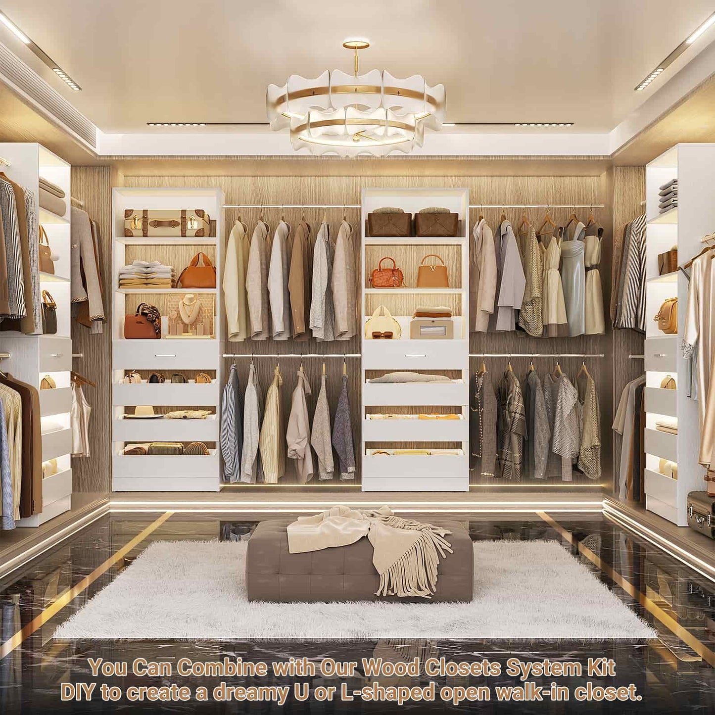 Adjustable Closet Organizer System (6-15Ft) with 8 Wooden Drawers & Modular Tower