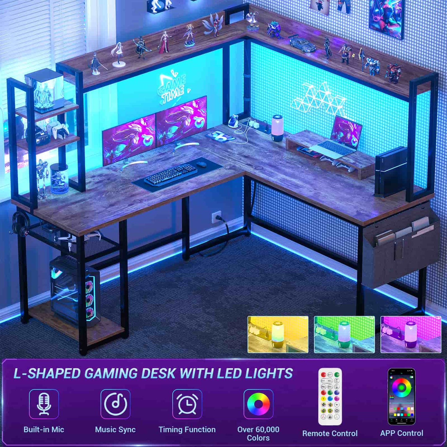L Shaped Desk with Power Outlet and LED lights