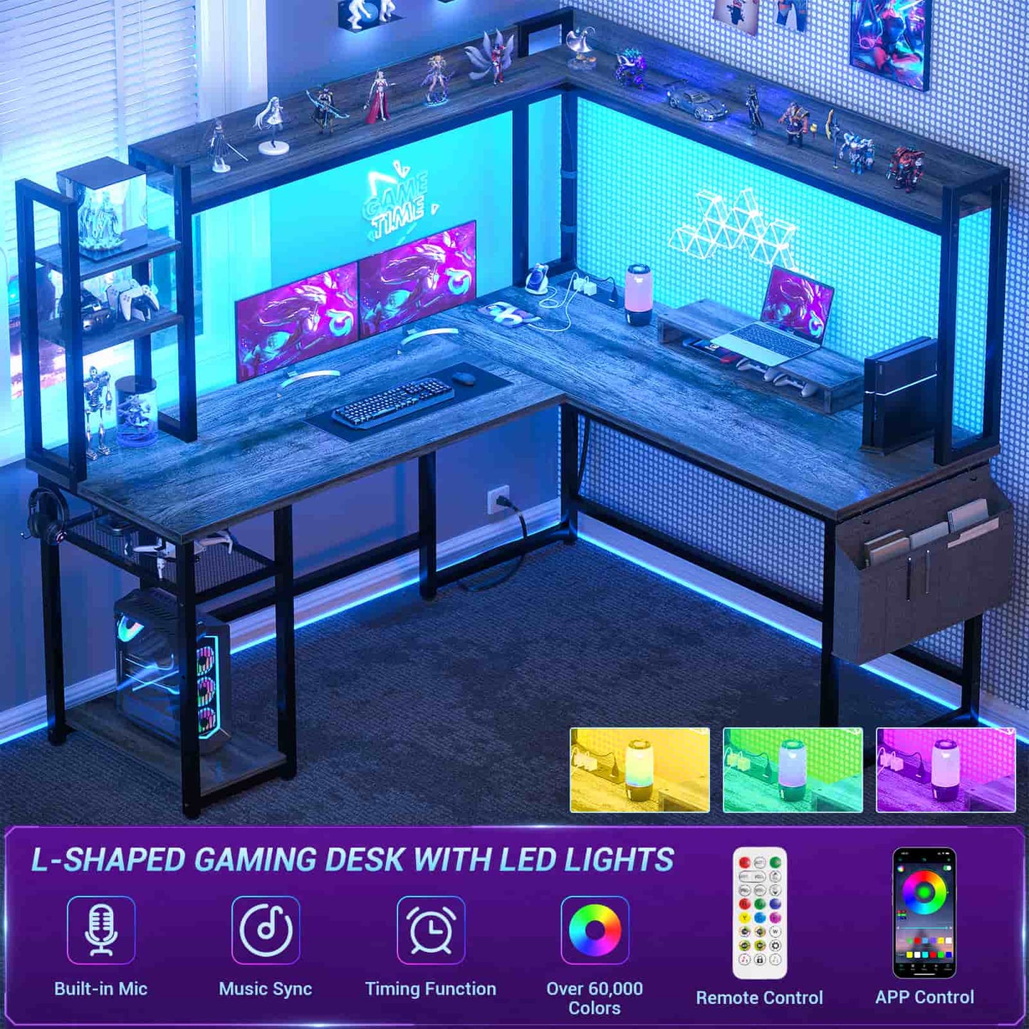 L Shaped Desk with Power Outlet and LED lights