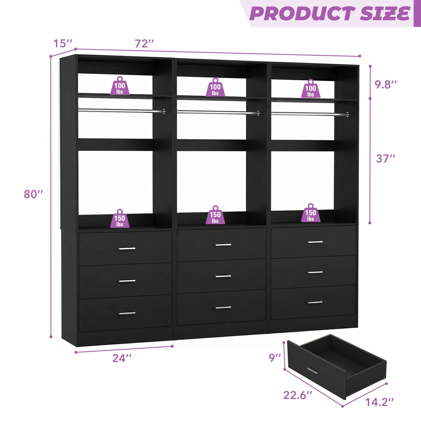 Freestanding Closet System Set - 3-Pack with 3 Wood Drawers Each,With Hanging Rod & Shelves, 24"L x 15"W x 80"H